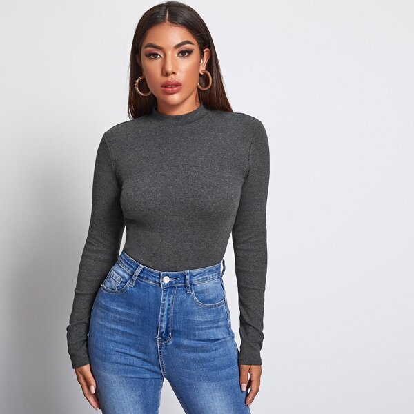

Mock Neck Form Fitted Tee, Dark grey