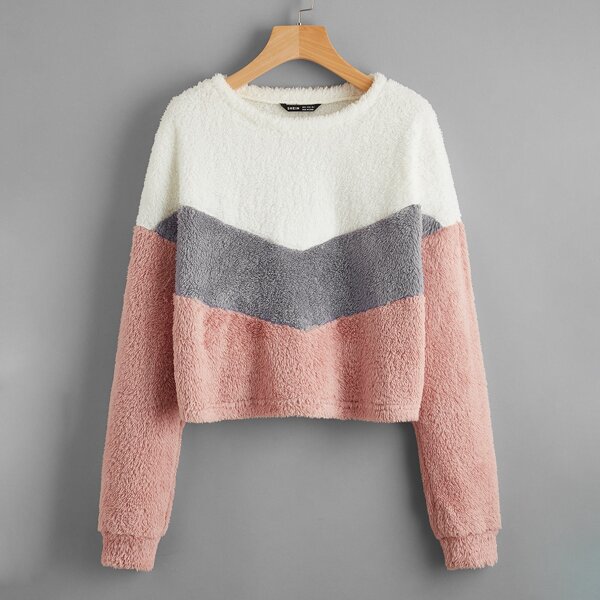 

Chevron Colorblock Drop Shoulder Teddy Pullover, Multicolor