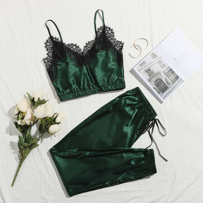 

Lace Trim Satin Cami Top & Knot Front Pants PJ Set, Dark green