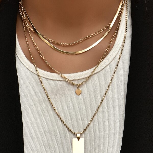 

2pcs Heart Pendant Layered Necklace, Gold