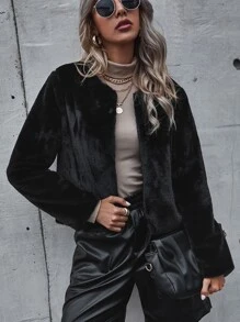 SHEIN Open Front Fuzzy Coat - Black - View 1