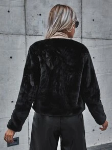 SHEIN Open Front Fuzzy Coat - Black - View 2