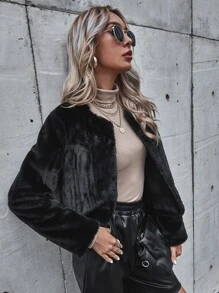 SHEIN Open Front Fuzzy Coat - Black - View 3