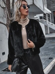 SHEIN Open Front Fuzzy Coat - Black - View 4
