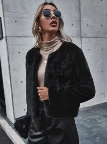 SHEIN Open Front Fuzzy Coat - Black - View 6