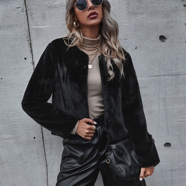 

Open Front Fuzzy Coat, Black