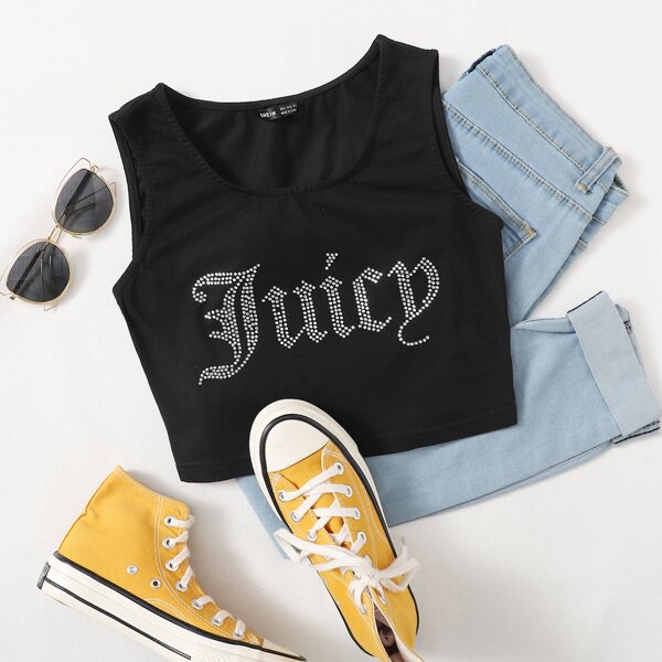 

Rhinestone Letter Graphic Crop Tank Top, Black
