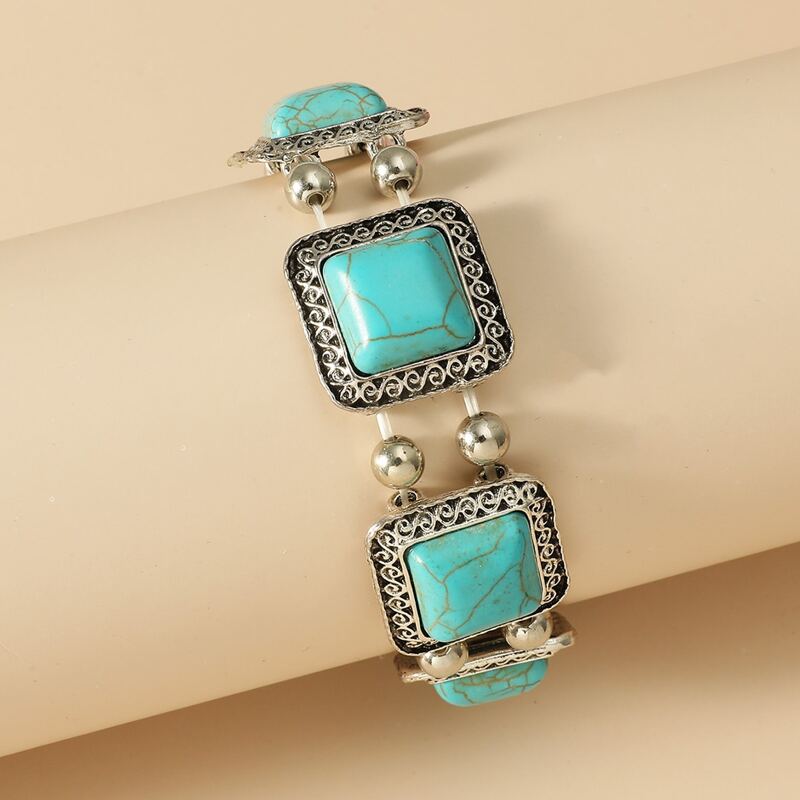 

1pc Turquoise Beaded Elastic Bracelet, Green