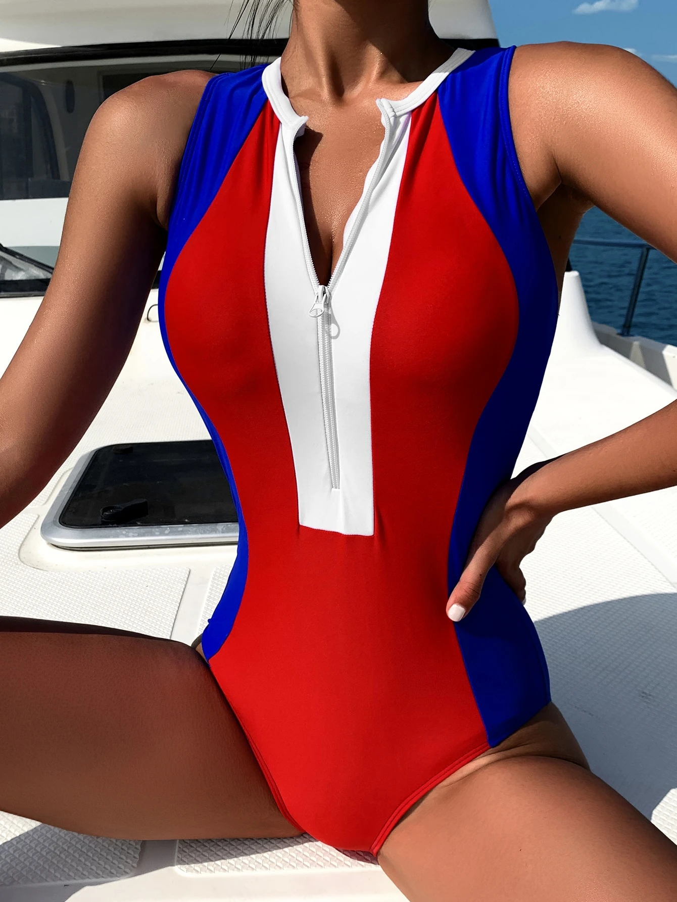 Maillot De Bain Une Piece Avec Blocs De Couleur Et Zip Mode En Ligne Shein France