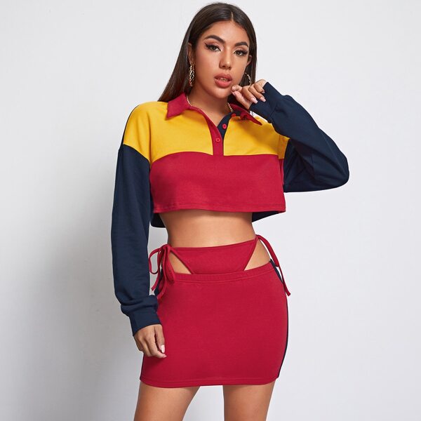 

Button Half Placket Pullover and Tied Cutout Side Skirt Set, Multicolor