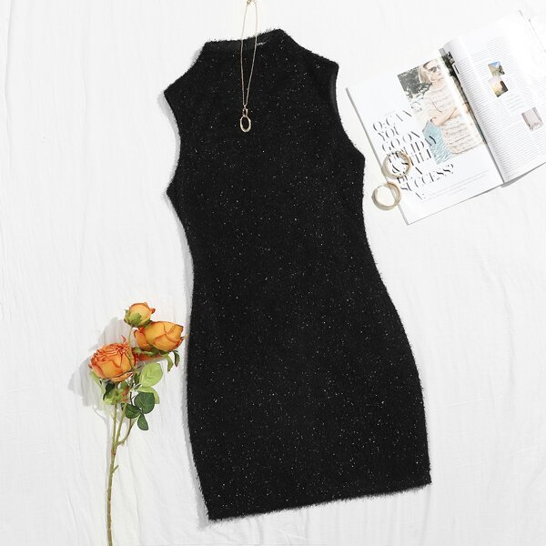 

Mock Neck Sleeveless Fuzzy Dress, Black