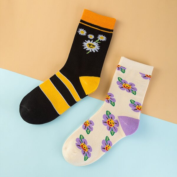 

2pairs Flower Pattern Crew Socks, Multicolor