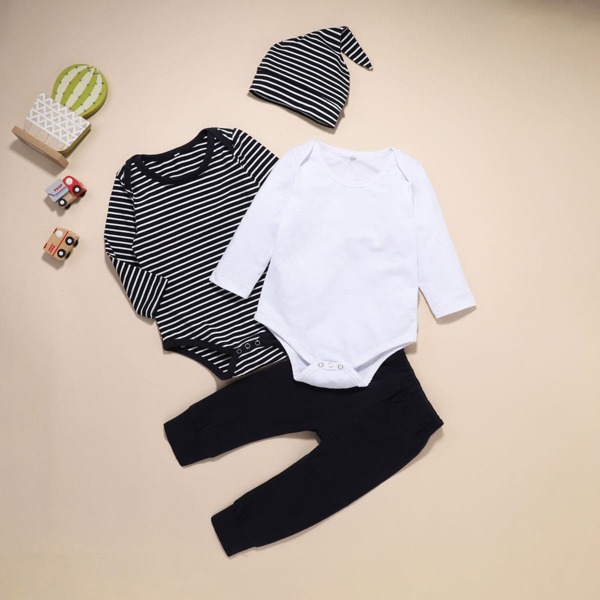 

Baby Boy 4pcs Bodysuit With Sweatpants With Hat, Black and white