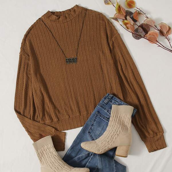 

Mock Neck Cable Knit Pullover, Brown