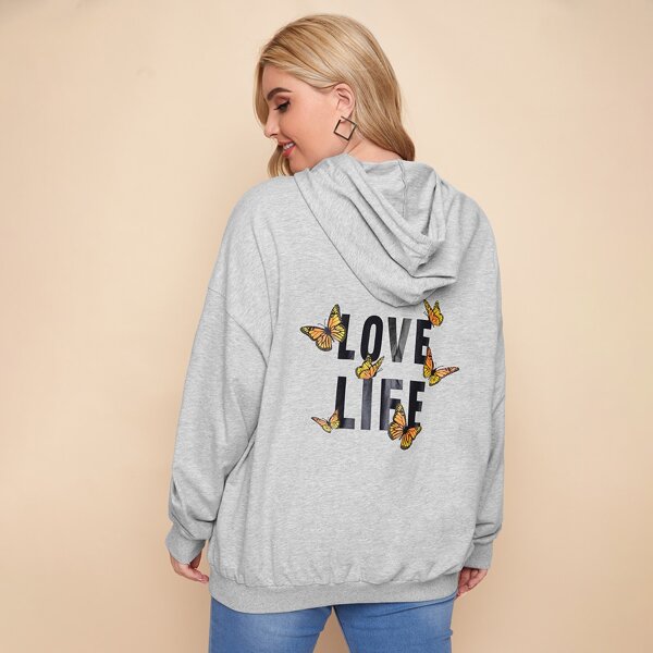 

Plus Pouch Pocket Butterfly & Slogan Graphic Hoodie, Light grey
