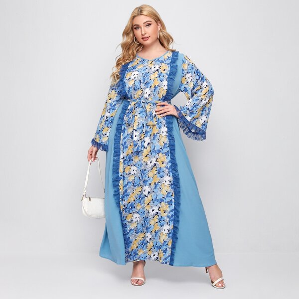 

Plus Bell Sleeve Lace Trim Floral Print Belted Dress, Multicolor