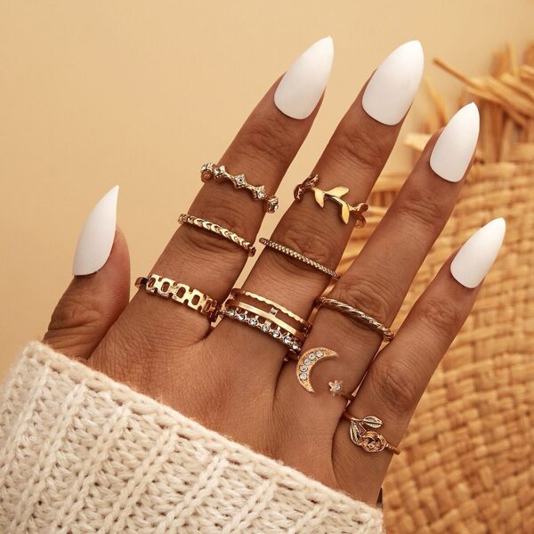 

9pcs Rhinestone Decor Ring, Gold