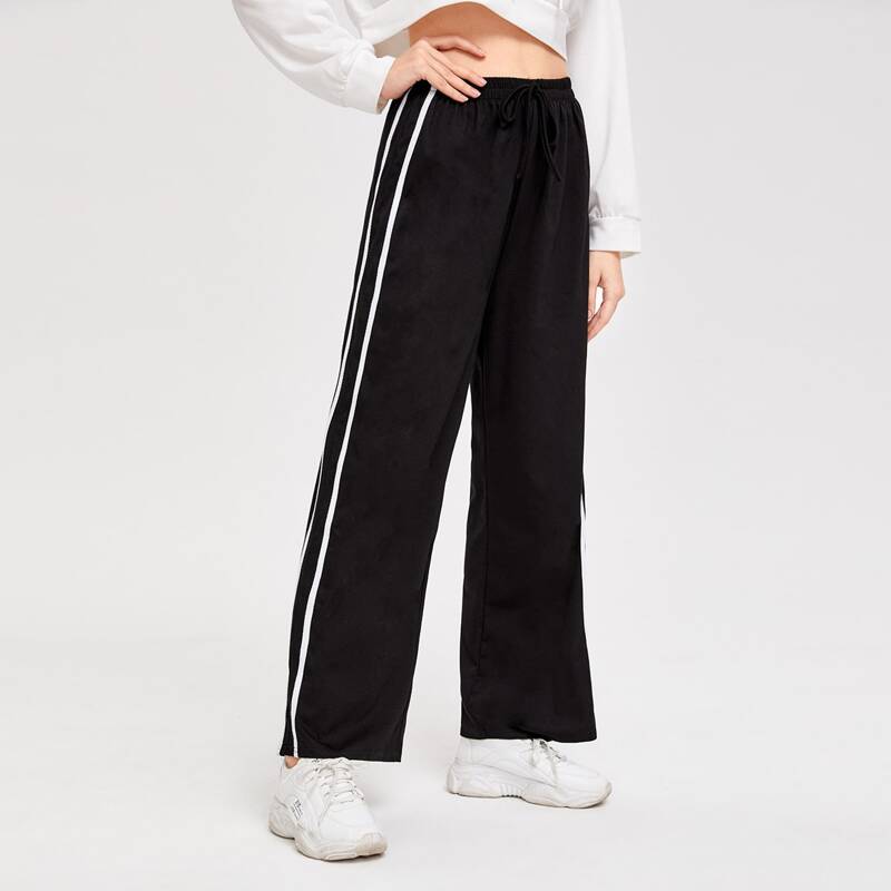 

Striped Tape Drawstring Pants, Black