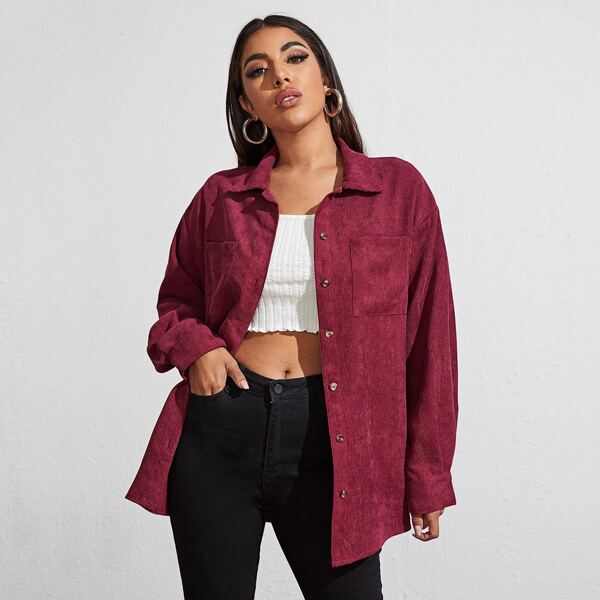 

Button Front Patch Pocket Corduroy Coat, Burgundy