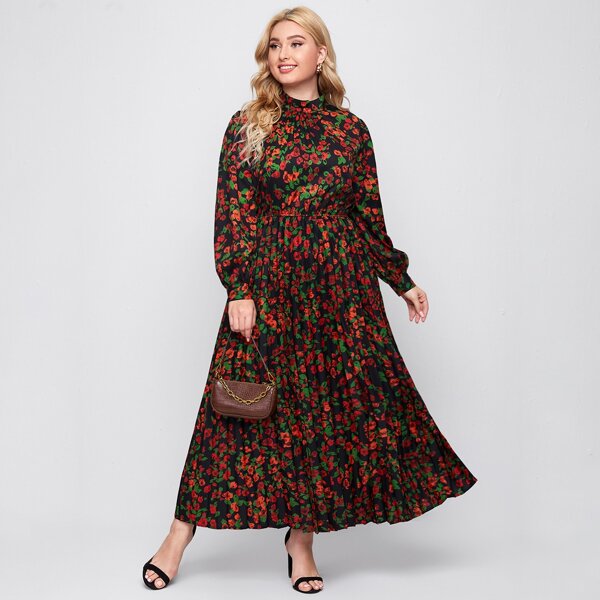 

Plus Mock-Neck Floral Print Pleated Dress, Multicolor