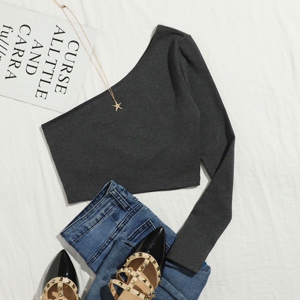 

One Shoulder Crop Top, Dark grey
