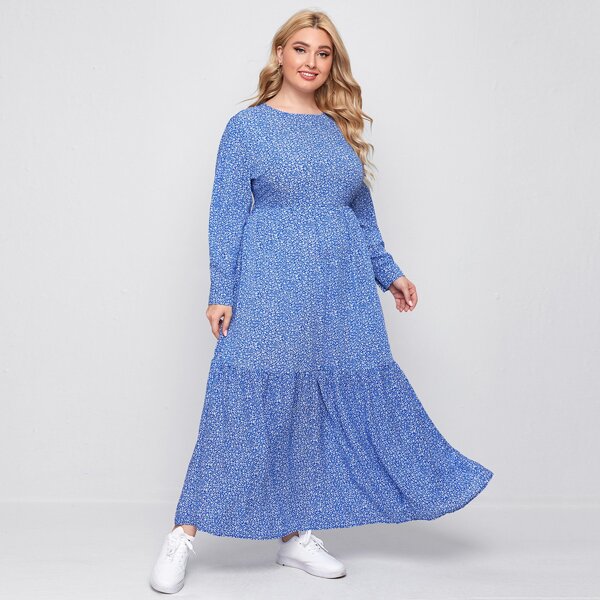 

Plus Ruffle Hem Ditsy Floral Dress, Blue