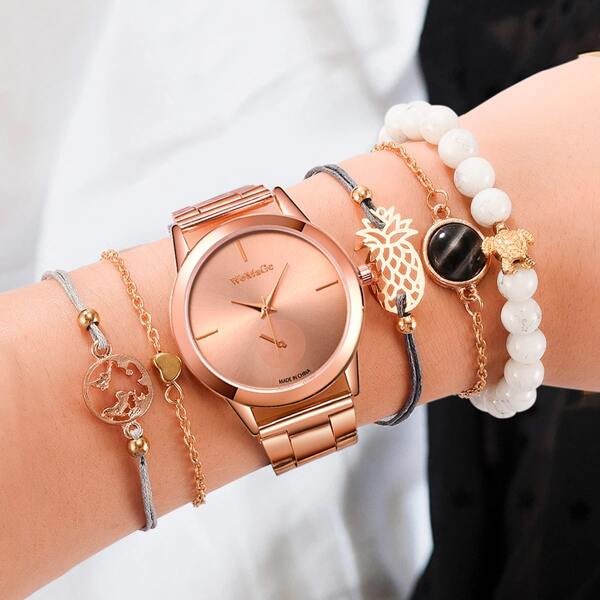 

1pc Simple Design Quartz Watch With 5pcs Bracelet