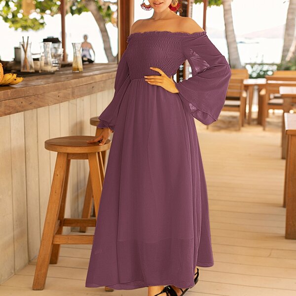 

Off Shoulder Shirred Bell Sleeve Dress, Mauve purple