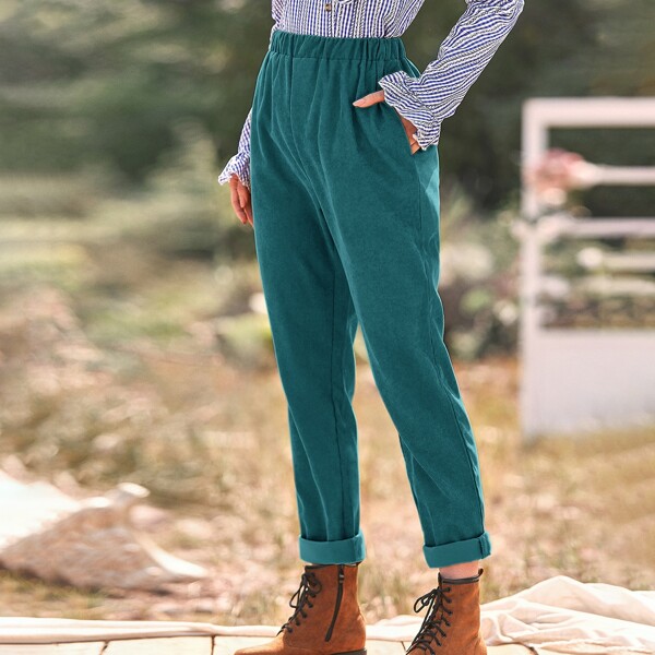 

Corduroy Slant Pocket Elastic Waist Pants, Green