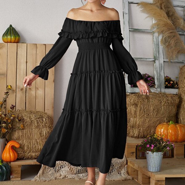 

Off Shoulder Shirred Waist Frill Trim Dress, Black