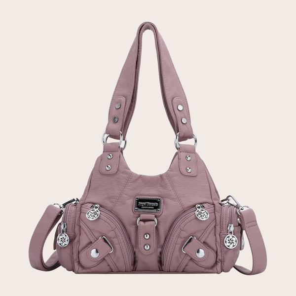 

Studded Decor Pocket Front Tote Bag, Pink