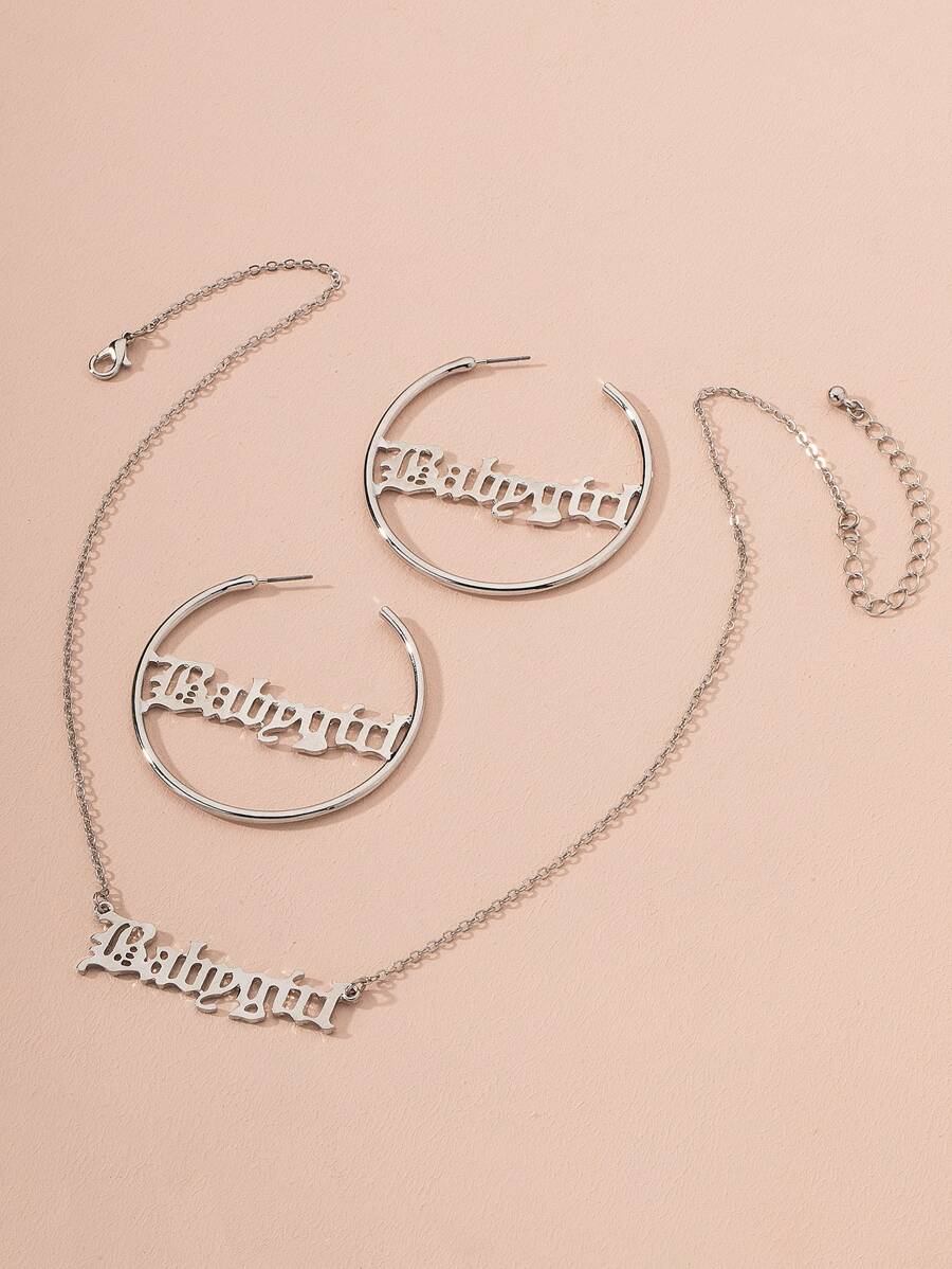 1 cặp hoa tai trang trí chữ cái và vòng cổ 1pc - Bạc - Xem 1