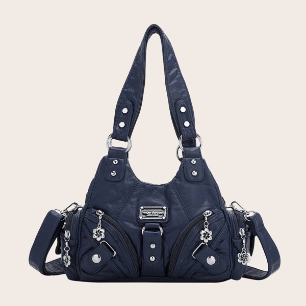 

Studded Decor Pocket Front Tote Bag, Blue
