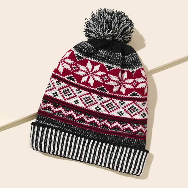 

Geometric Pattern Pom-pom Decor Beanie, Multicolor