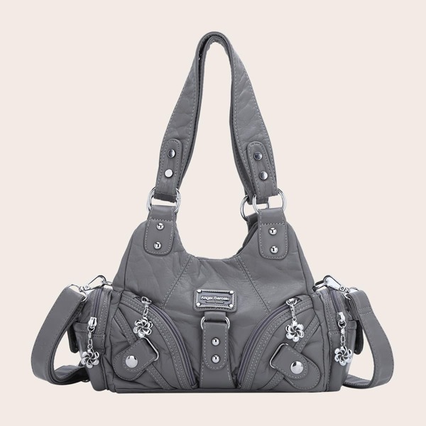 

Studded Decor Pocket Front Tote Bag, Grey