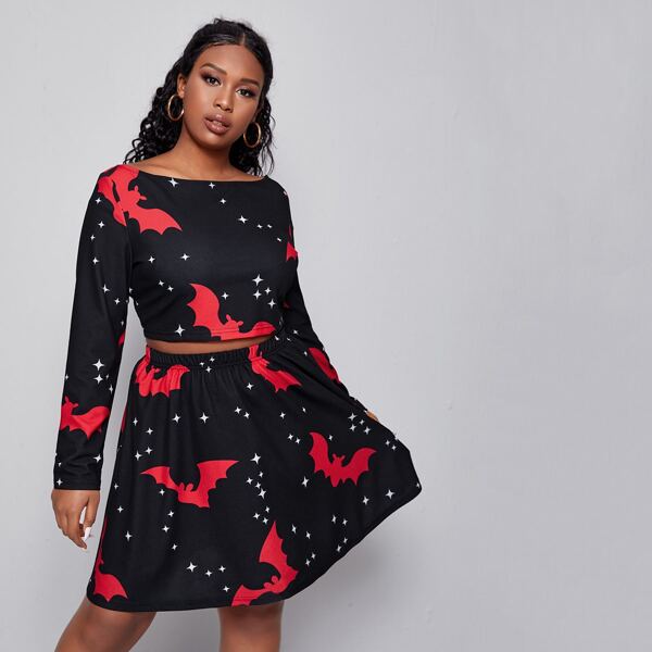 

Plus Bat and Star Print Crop Tee & Skirt Set, Black