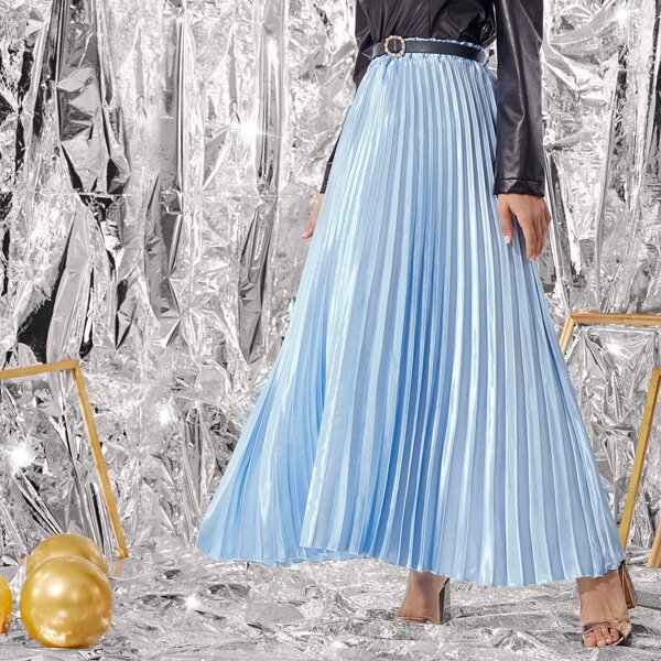 

Satin Self Tie Solid Pleated Skirt, Baby blue