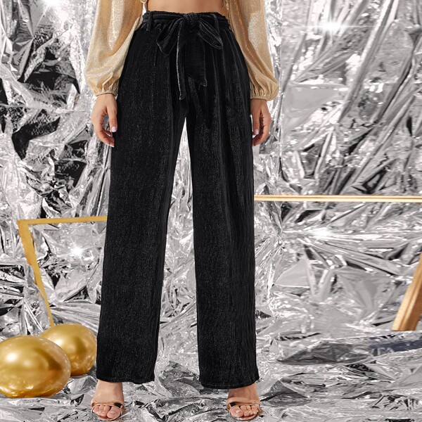 

Velvet Self Tie Wide Leg Pants, Black