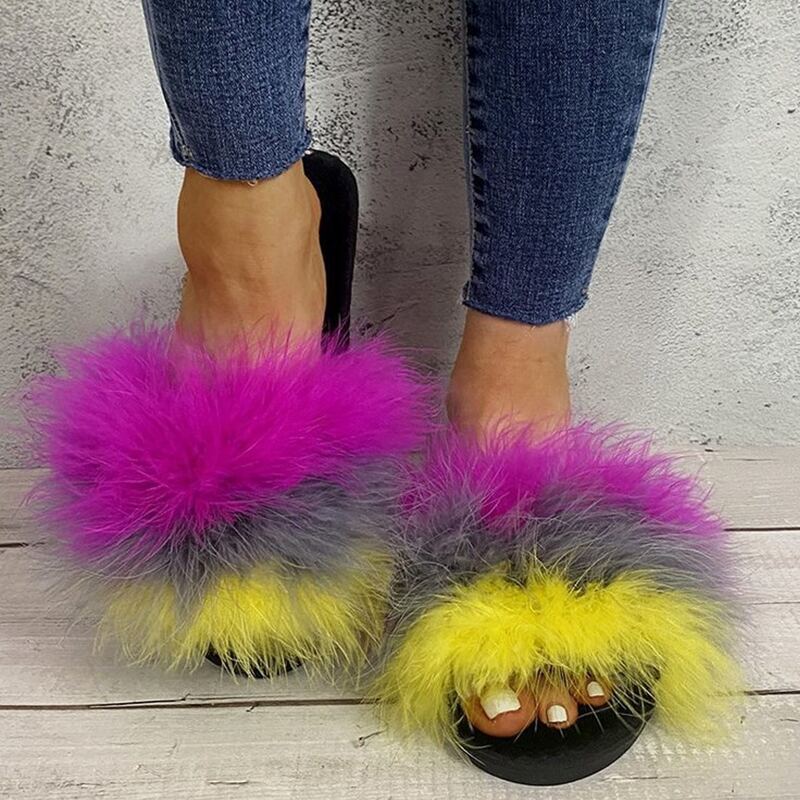 

Colorblock Open Toe Fluffy Slippers, Multicolor