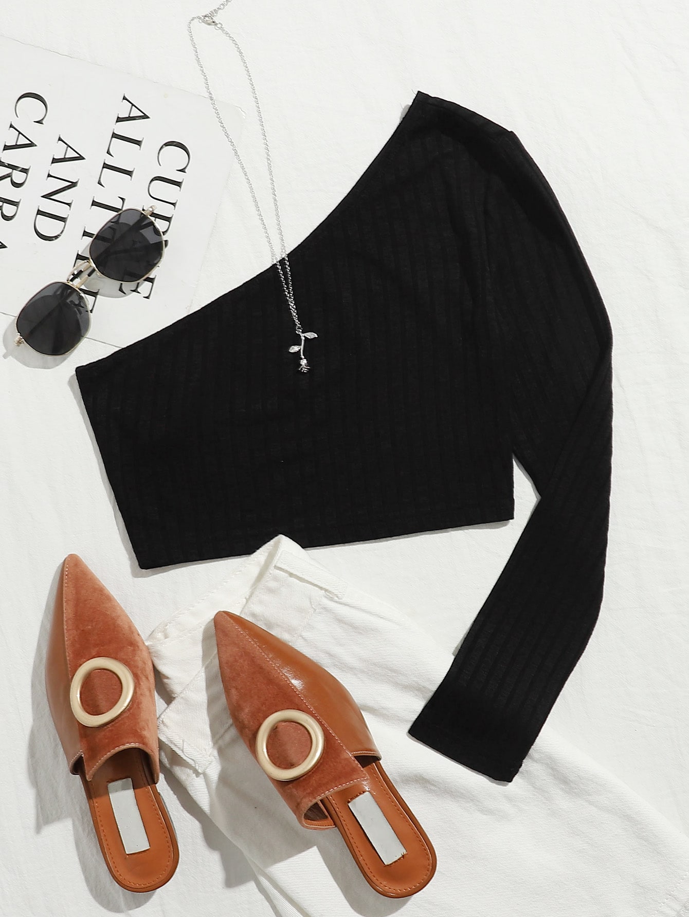 One Shoulder Rib-knit Crop Tee thumbnail
