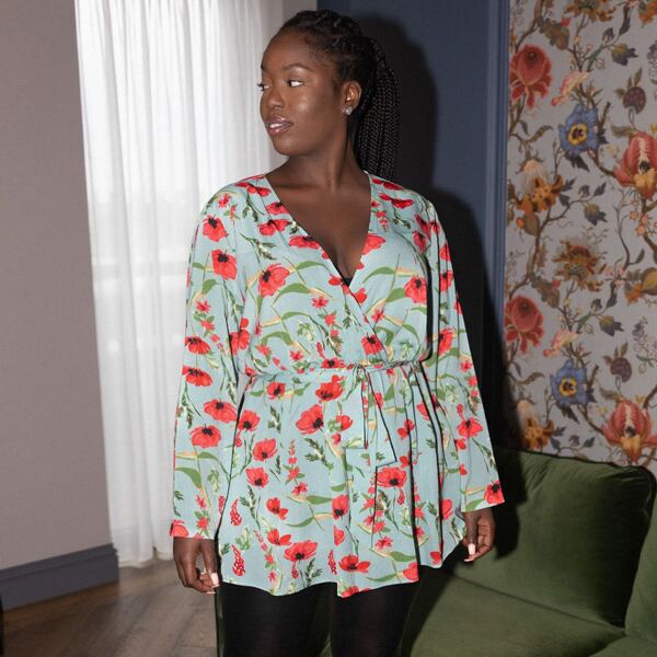 

Plus Floral Surplice Front Belted Peplum Blouse, Multicolor