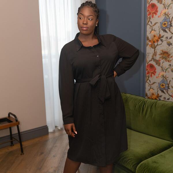 

Plus Button Front Belted Shirt Dress, Black