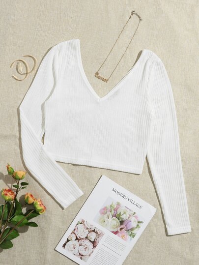 T-shirt court côtelé unicolore