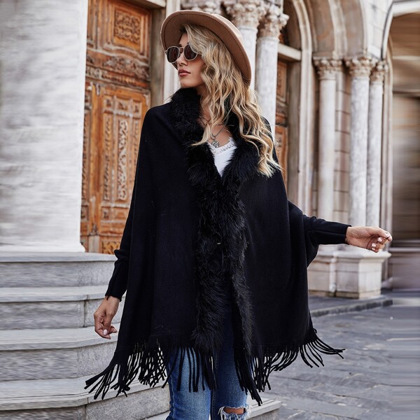 

Contrast Faux Fur Fringe Hem Cardigan, Black