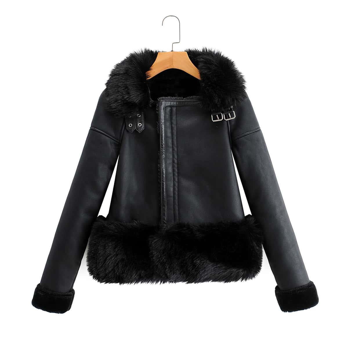 

Contrast Faux Fur PU Moto Jacket, Black