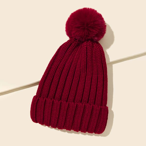 

Solid Pom-pom Decor Knit Beanie, Burgundy