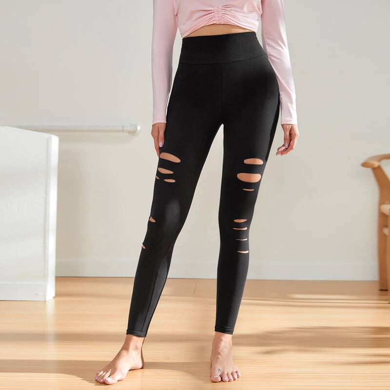 

Ripped Wideband Waist Sports Leggings, Black