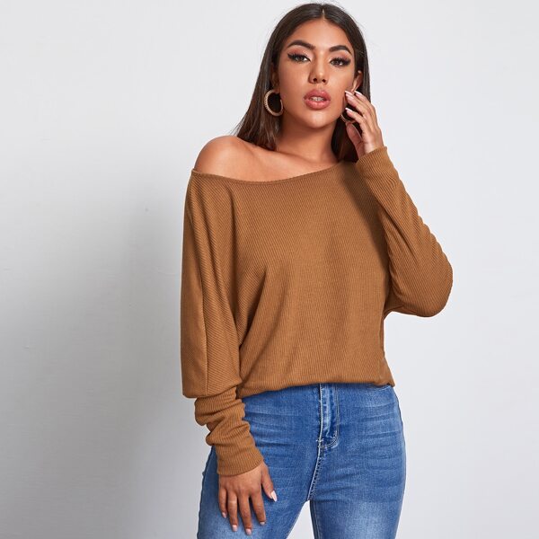 

Drop Shoulder Rib-knit Top, Brown