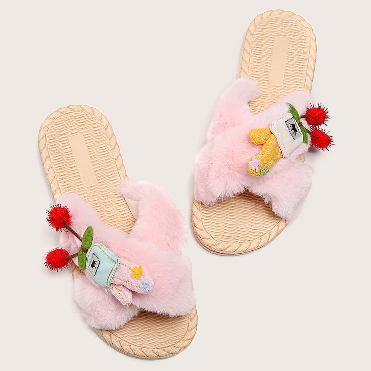

Cherry Decor Cross Strap Non-slip Slippers, Pink