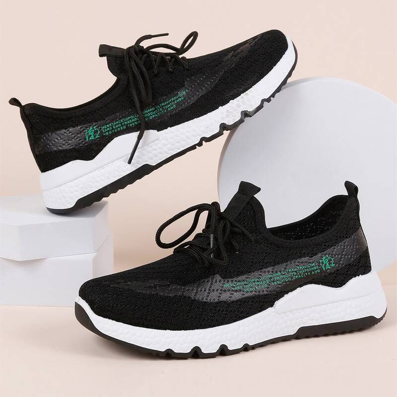 

Lace Up Decor Chinese Letter Graphic Knit Sneakers, Black